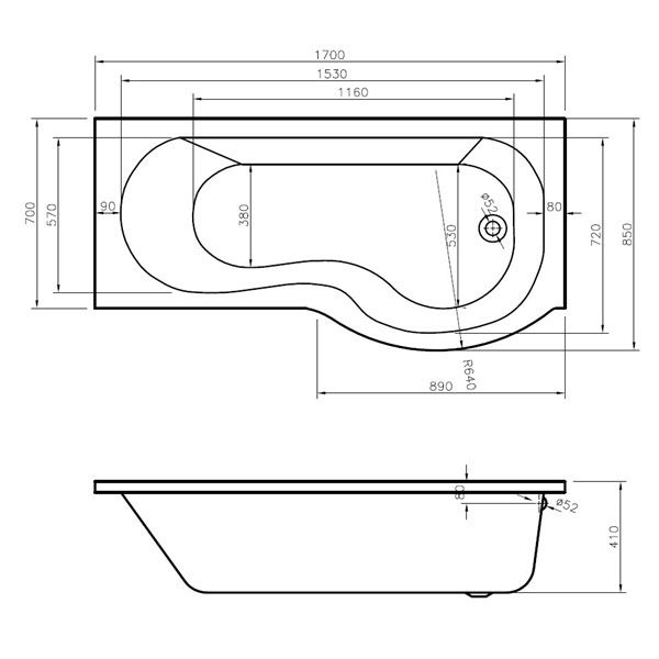 Moods Sargasso P Shaped Shower Bath Pack 1700 x 850mm Right Hand #2