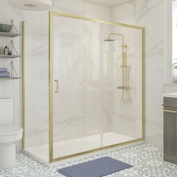 Moods Reflex Tide Brushed Brass 1000 Framed Sliding Shower Door