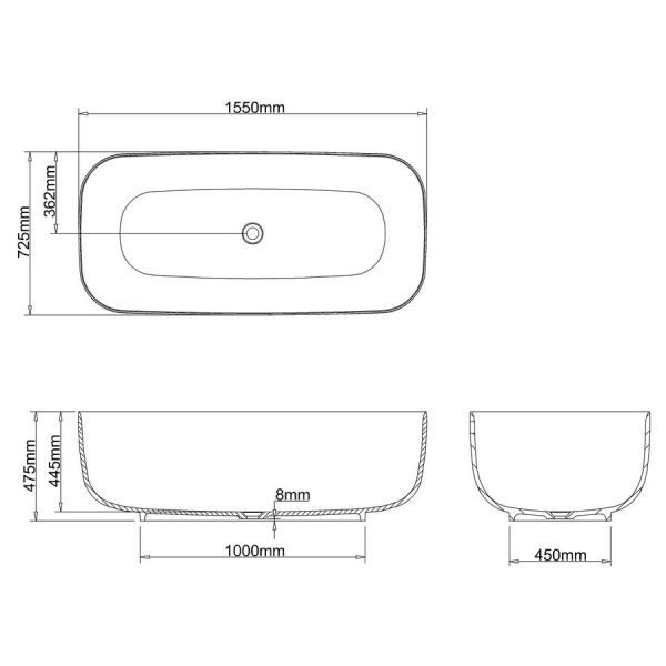 Clearwater Uno ClearStone Double Ended Freestanding Bath 1550 x 725mm #3