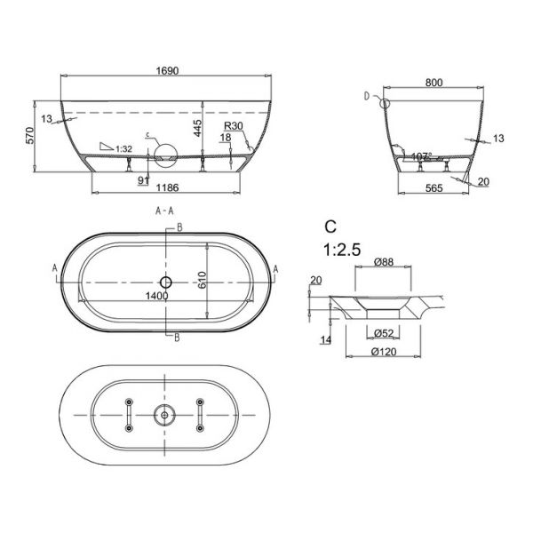 Clearwater Formoso Grande Matt White Double Ended Freestanding Bath 1690 x 800mm #5