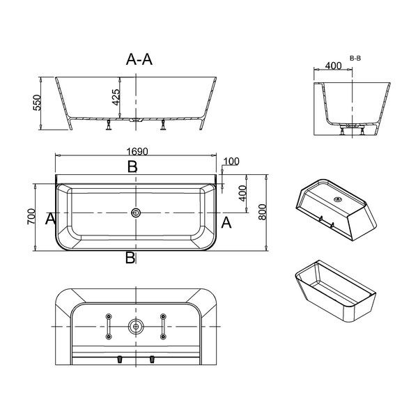 Clearwater Patinato Grande ClearStone Double Ended Back To Wall Bath 1690 x 800mm #5