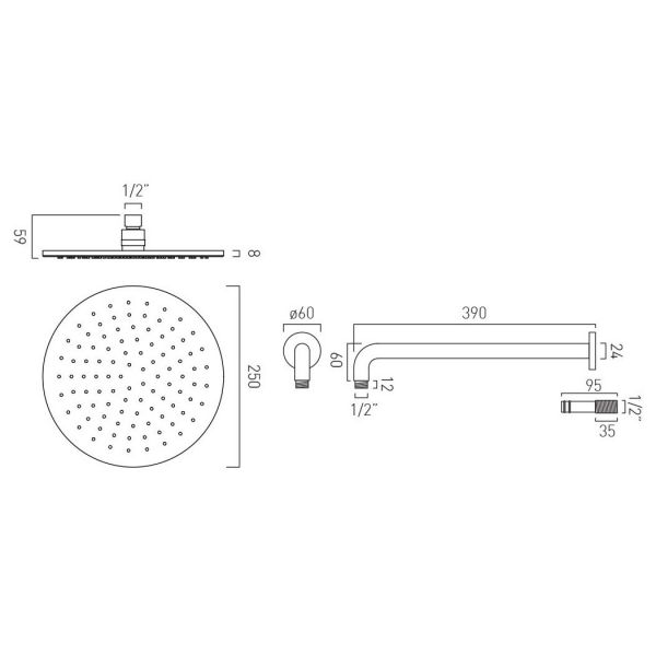 Vado Nebula Chrome 250mm Round Shower Head with Wall Mounted Arm #2