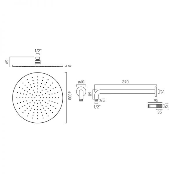 Vado Nebula Chrome 300mm Round Shower Head with Wall Mounted Arm #2