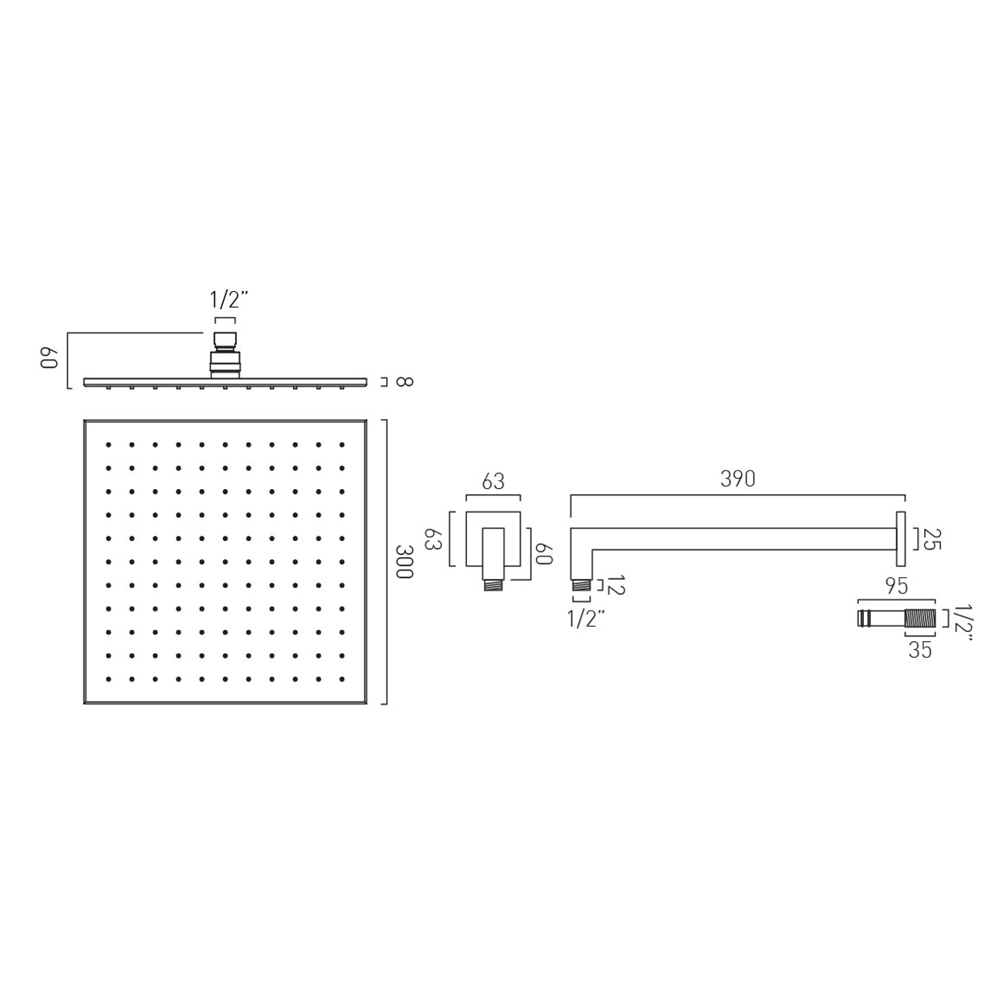 Vado Nebula Chrome 300mm Square Shower Head with Wall Mounted Arm NEB