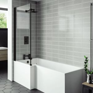 Kartell Nero 1435 x 780 Hinged Black L Shaped Bath Shower Screen