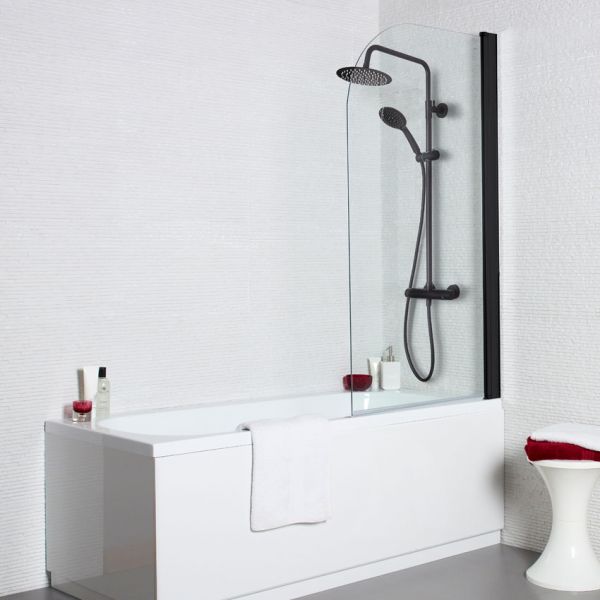 Kartell Nero 1435 x 780 Hinged Curved Edge Black Bath Shower Screen