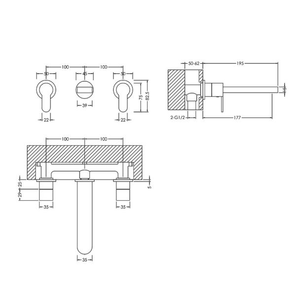 Nuie Arvan Chrome 3 Hole Wall Mounted Basin Mixer Tap #2