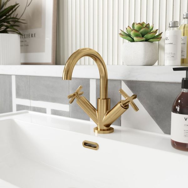 Nuie Aztec Brushed Brass Mono Basin Mixer Tap with Push Button Waste #2