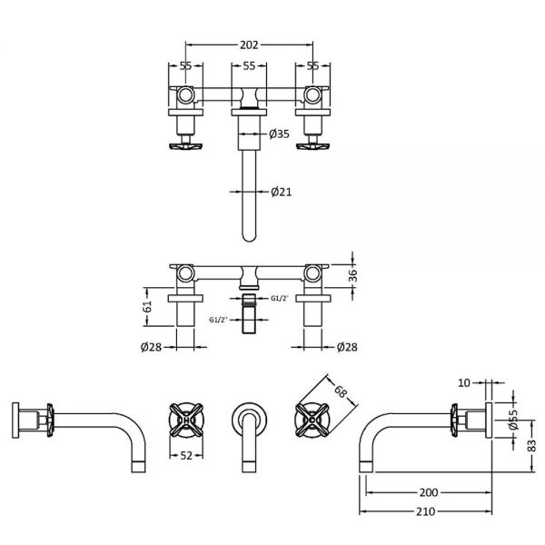 Nuie Aztec Brushed Brass 3 Hole Wall Mounted Basin Mixer Tap #2