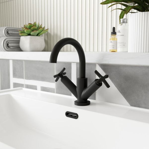 Nuie Aztec Matt Black Mono Basin Mixer Tap with Push Button Waste #2