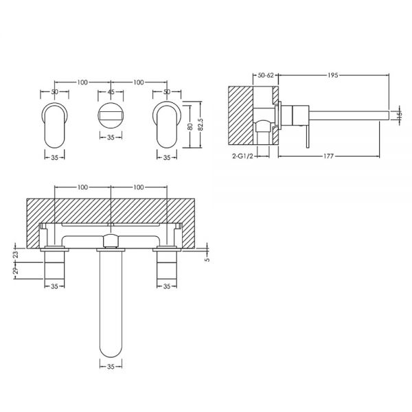 Nuie Binsey Chrome 3 Hole Wall Mounted Basin Mixer Tap #2