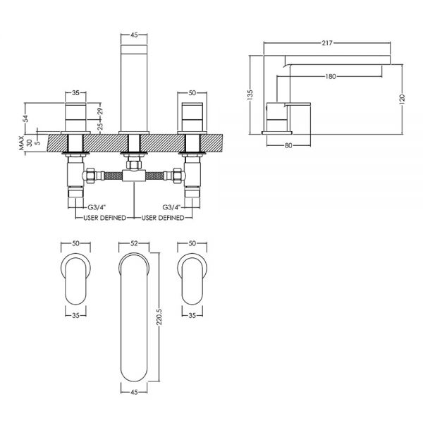 Nuie Binsey Chrome Deck Mounted 3 Hole Bath Filler Tap #2