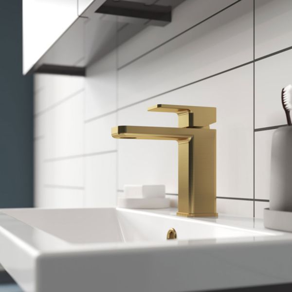 Nuie Windon Brushed Brass Mono Basin Mixer Tap with Push Button Waste #2