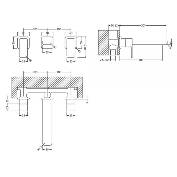 Nuie Windon Chrome 3 Hole Wall Mounted Basin Mixer Tap #2
