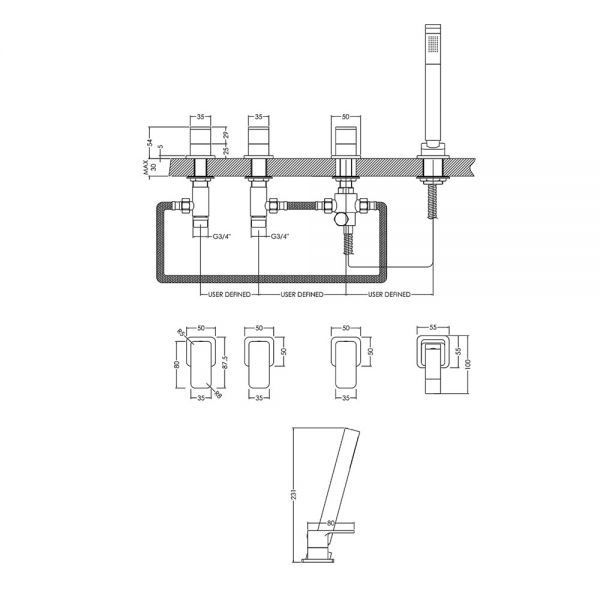 Nuie Windon Chrome Deck Mounted 4 Hole Bath Shower Mixer Tap #2