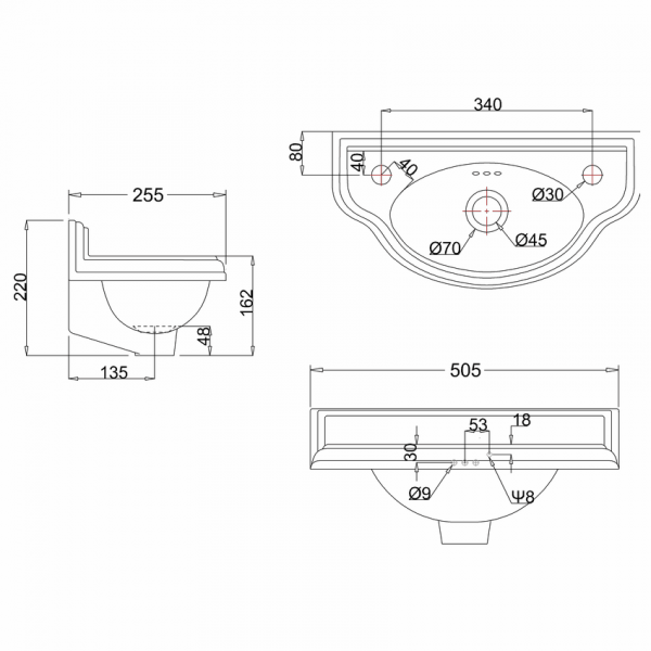 Burlington 505mm Wall Hung Curved Cloakroom Basin P13 #2