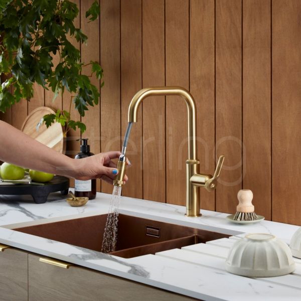 Clearwater Pioneer Single Lever Brushed Brass Pull Out Monobloc Kitchen Sink Mixer Tap #3