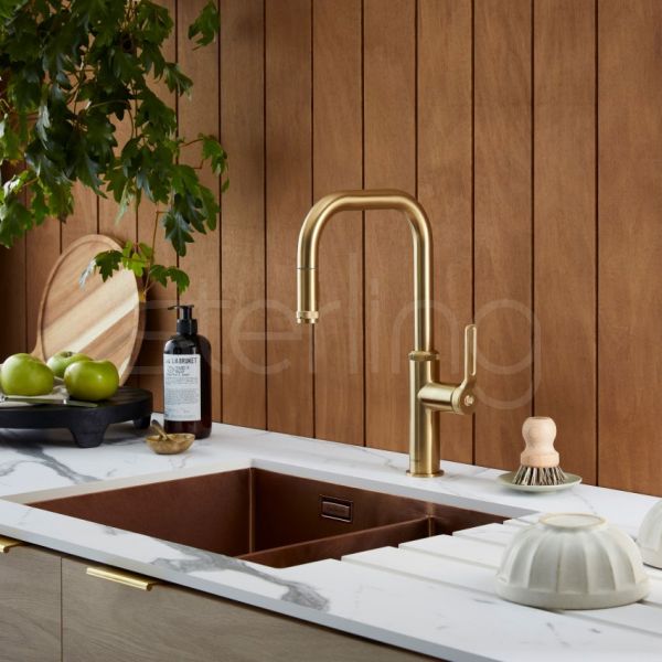 Clearwater Pioneer Single Lever Brushed Brass Pull Out Monobloc Kitchen Sink Mixer Tap #4