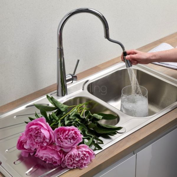 Clearwater Porrima Single Lever Brushed Nickel Pull Out Monobloc Kitchen Sink Mixer Tap #2