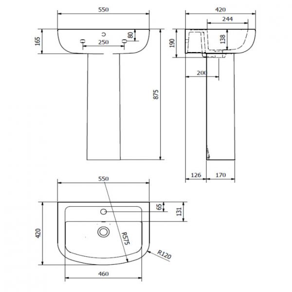 Kartell Studio 550mm Single Tap Hole Basin and Pedestal POT290ST POT451SE #2