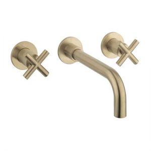 Crosswater MPRO Brushed Brass 3 Hole Wall Mounted Basin Mixer Tap with Crosshead Handles