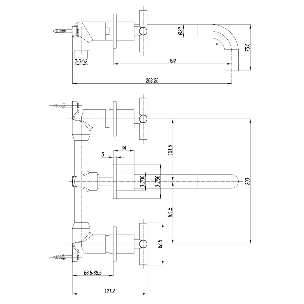 Crosswater MPRO Brushed Stainless Steel 3 Hole Wall Mounted Basin Mixer Tap with Crosshead