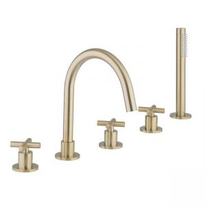 Crosswater MPRO Brushed Brass 5 Hole Deck Mounted Bath Tap Set with Crosshead Handles