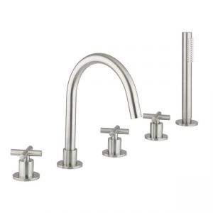 Crosswater MPRO Brushed Stainless Steel 5 Hole Deck Mounted Bath Tap Set with Crosshead Handles