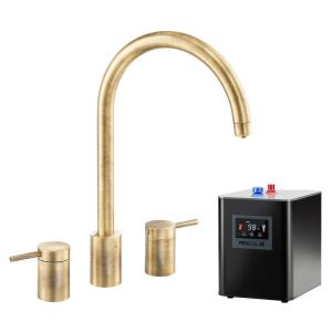 Abode Pronteau Profile Antique Brass 4 in 1 Boiling Hot and Filtered Cold Water 3 Hole Kitchen Mixer Tap and Tank