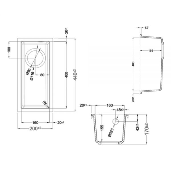 Reginox Quadra White 1 Bowl Undermount Granite Kitchen Sink 200 x 440mm #2