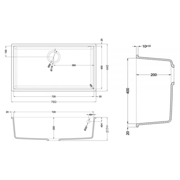 Reginox Quadra Cream 1 Bowl Undermount Granite Kitchen Sink 760 x 440mm #2