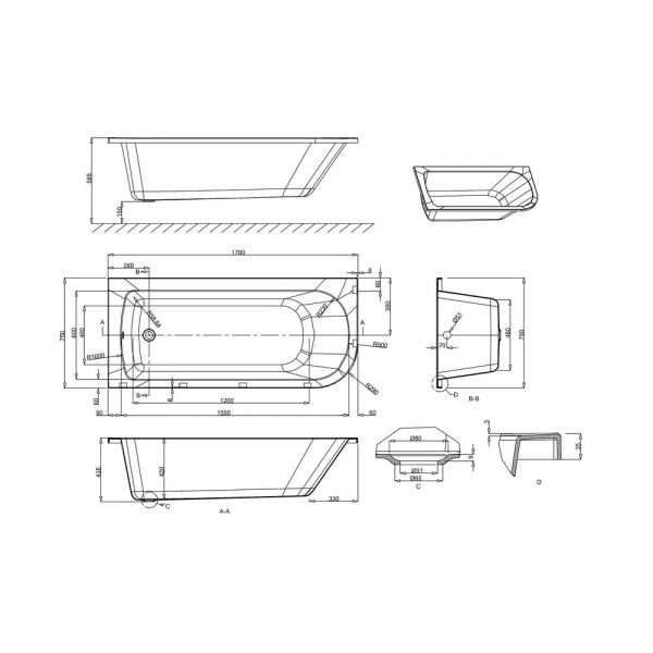 Britton Cleargreen Viride 1700 x 750 Left Hand Offset Shower Bath R38 #2