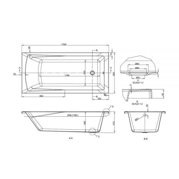 Britton Cleargreen Sustain 1700 x 800 Single Ended Bath R42 #2