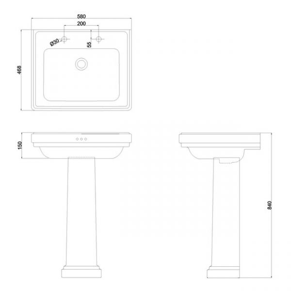 Burlington Riviera 580mm Square Two Tap Hole Basin with Full Pedestal #2