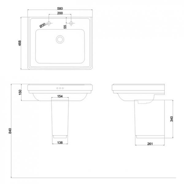 Burlington Riviera 580mm Square Two Tap Hole Basin with Semi Pedestal #2