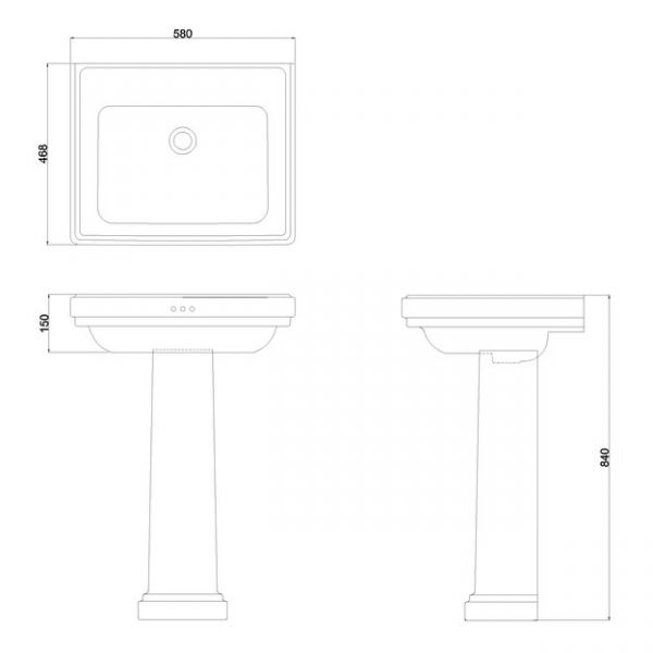Burlington Riviera 580mm Square 0 Tap Hole Basin with Full Pedestal #2