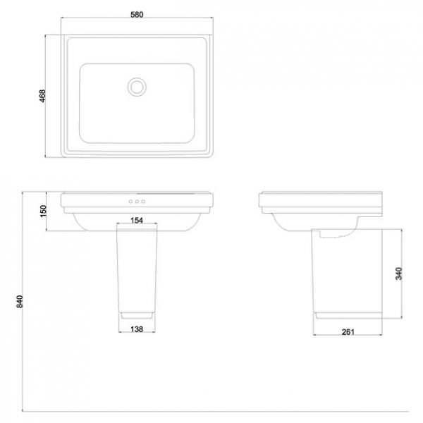 Burlington Riviera 580mm Square 0 Tap Hole Basin with Semi Pedestal #2