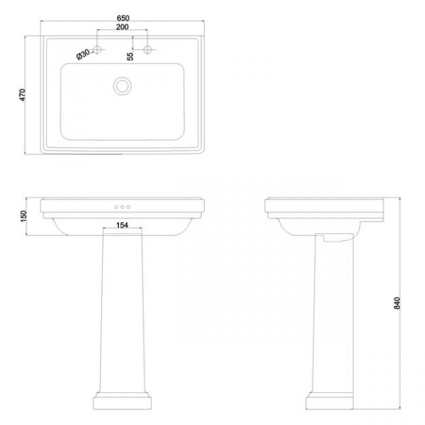Burlington Riviera 650mm Square Two Tap Hole Basin with Full Pedestal #2
