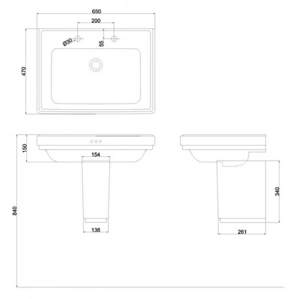 Burlington Riviera 650mm Square Two Tap Hole Basin with Semi Pedestal #2