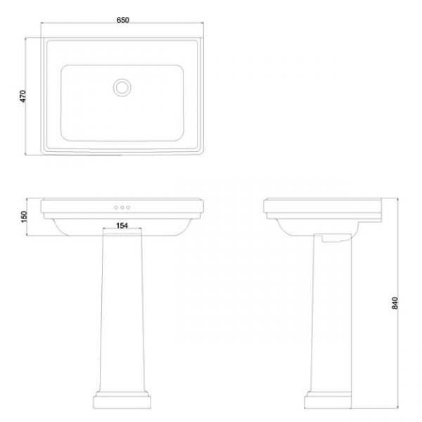 Burlington Riviera 650mm Square 0 Tap Hole Basin with Full Pedestal #2