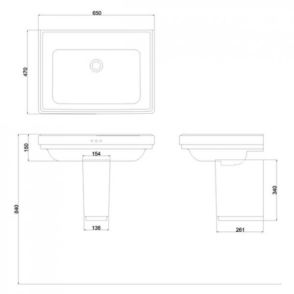 Burlington Riviera 650mm Square 0 Tap Hole Basin with Semi Pedestal #2