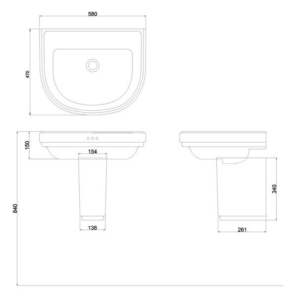 Burlington Riviera 580mm D Shaped 0 Tap Hole Basin with Semi Pedestal #2
