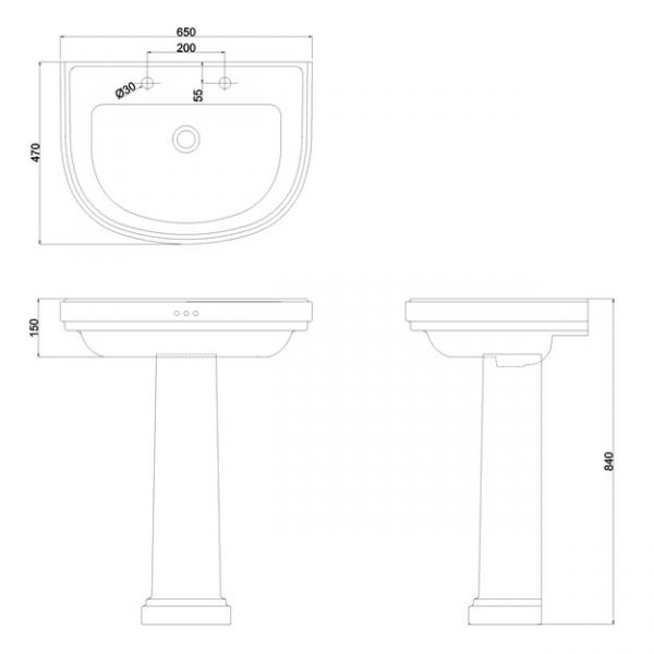 Burlington Riviera 650mm D Shaped Two Tap Hole Basin with Full Pedestal #2