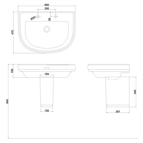 Burlington Riviera 650mm D Shaped Two Tap Hole Basin with Semi Pedestal #2
