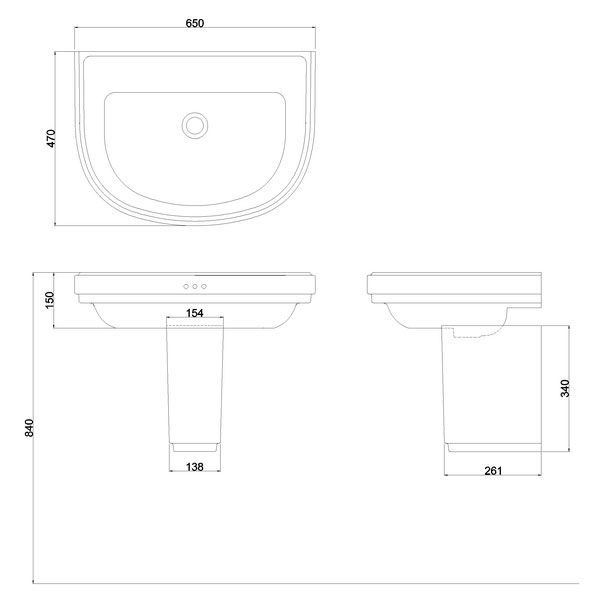 Burlington Riviera 650mm D Shaped 0 Tap Hole Basin with Semi Pedestal #2