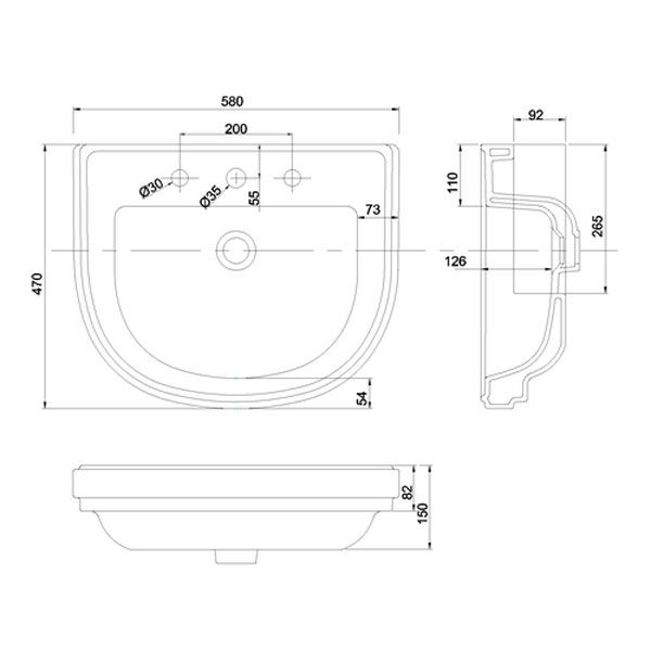 Burlington Riviera 580mm Three Tap Hole Semi Inset Basin #2