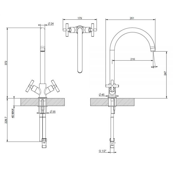 Clearwater Rossi C Twin Lever Brushed Nickel Monobloc Kitchen Sink Mixer Tap #2
