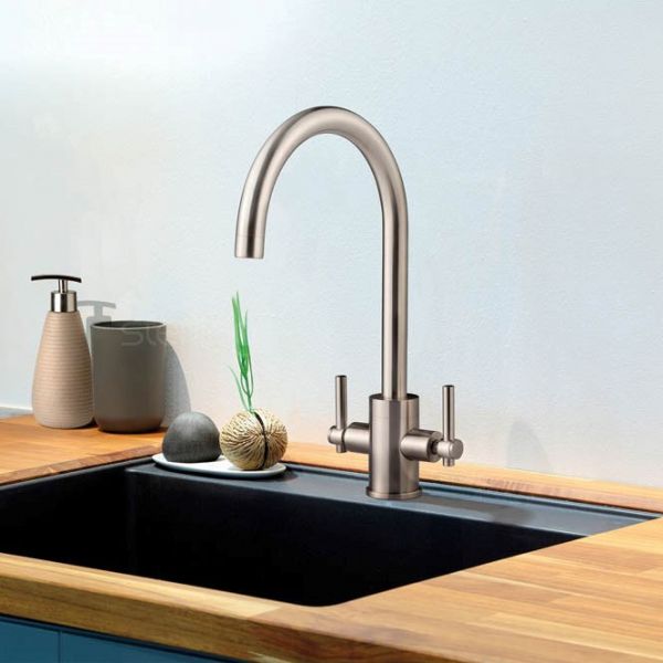 Clearwater Rococo Double Lever Brushed Nickel Monobloc Kitchen Sink Mixer Tap #2