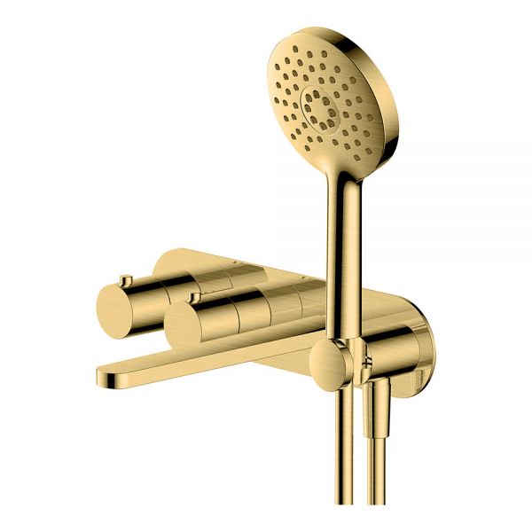 Rak Petit Round Brushed Gold 4 Hole Wall Mounted Thermostatic Bath Shower Mixer Tap