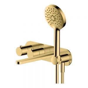 Rak Petit Round Brushed Gold 4 Hole Wall Mounted Thermostatic Bath Shower Mixer Tap